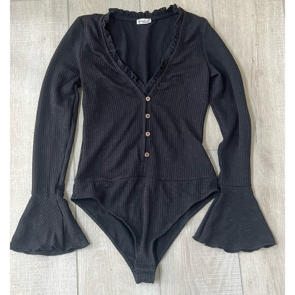 FREE PEOPLE INTMATELY BLACK JACKIE HENLEY RUFFLE BELL SLEEVE BODYSUIT TOP XS - Picture 6 of 7